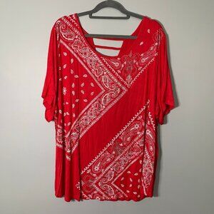 NEW CJ Banks red white handkerchief print open detail back stretch top shirt